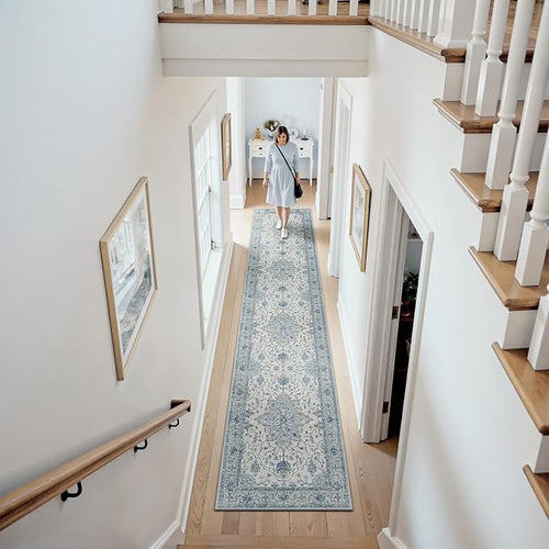 Area Rugs 2'x10' Washable Non-Slip, Floral Vintage Distress Print Pattern Medallion Carpet for Living Room Bedroom Dining Room, Light Blue Navy Beige Gray White