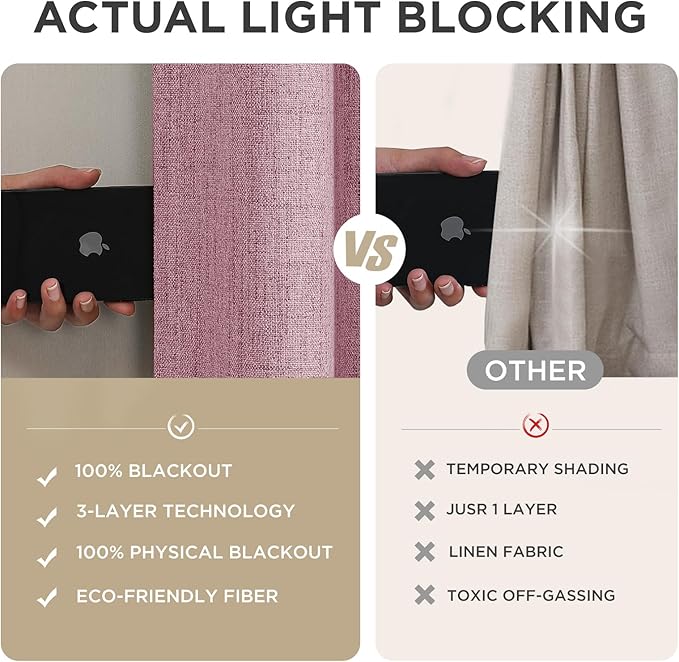 Joydeco Blackout Curtains for Bedroom - 100% Light Blocking 2 Panels Set Pink Drapes 37" W x 84" L, Thermal Insulated Room Darkening Curtains, Linen Textured for Living Room, Rod Pocket & Back Tabs