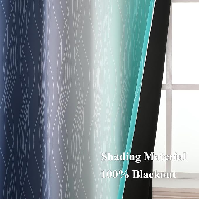 Estelar Textiler Navy Blue and Teal Gradient Blackout Curtains for Bedroom, Thermal Insulated Ombre Blackout Drapes, Full Room Darkening Energy Saving Curtains for Living Room,52Wx84L,2 Panels