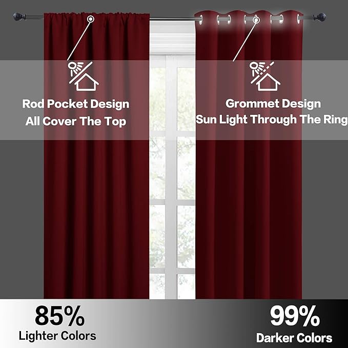 RYB HOME Blackout Cafe Curtains 30 inch Length, Short Light UV Heat Blocking Energy Saving Privacy Curtain Tiers for Basement Bathroom Kitchen Window, Width 29 by Length 30, Burgundy Red, 2 Panels