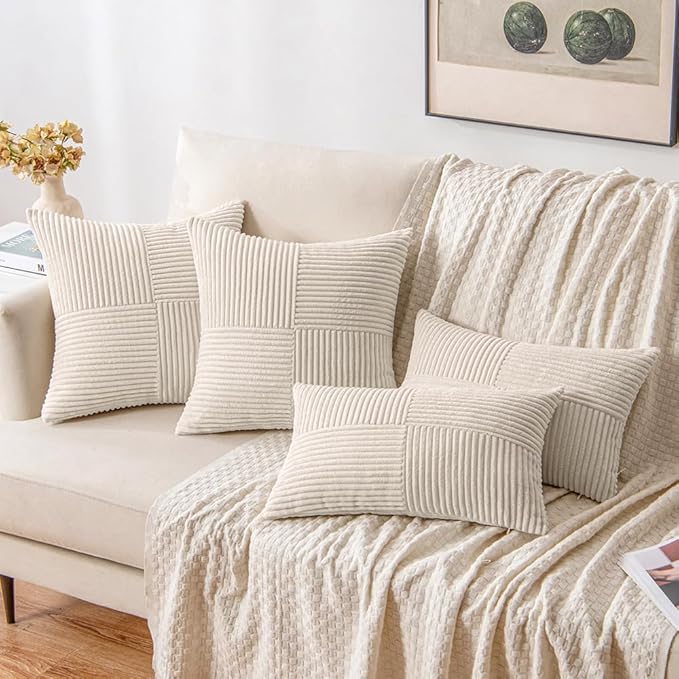 MIULEE Beige Decorative Throw Pillow Covers 18x18 Inch for Couch Bed Sofa Pack of 2 Boho Neutral Farmhouse Throw Pillows Soft Cross Corduroy Patchwork Textured Cushion Cases