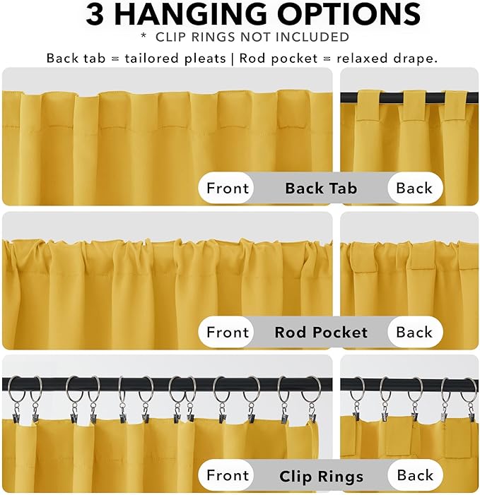 Deconovo Solid Back Tab and Rod Pocket Curtains Thermal Insulated Blackout Window Curtains for Living Room 52Wx84L Inch Mellow Yellow 2 Panels