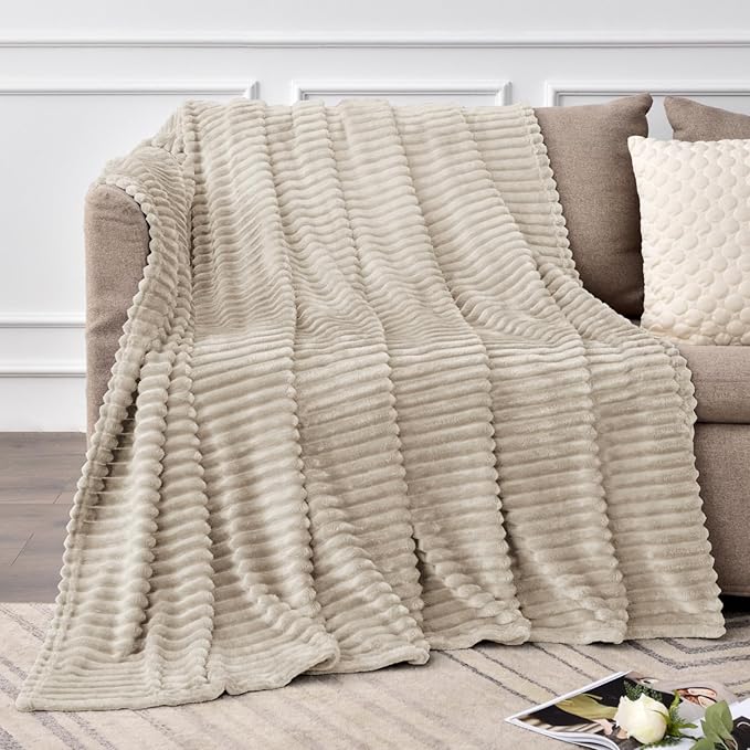 BEDELITE Fleece Blanket Full Size – 3D Ribbed Jacquard Soft and Warm Decorative Fuzzy Blankets – Cozy, Fluffy, Plush Lightweight Throw Blankets for Couch, Bed, Sofa(Linen, 84x90 inches)