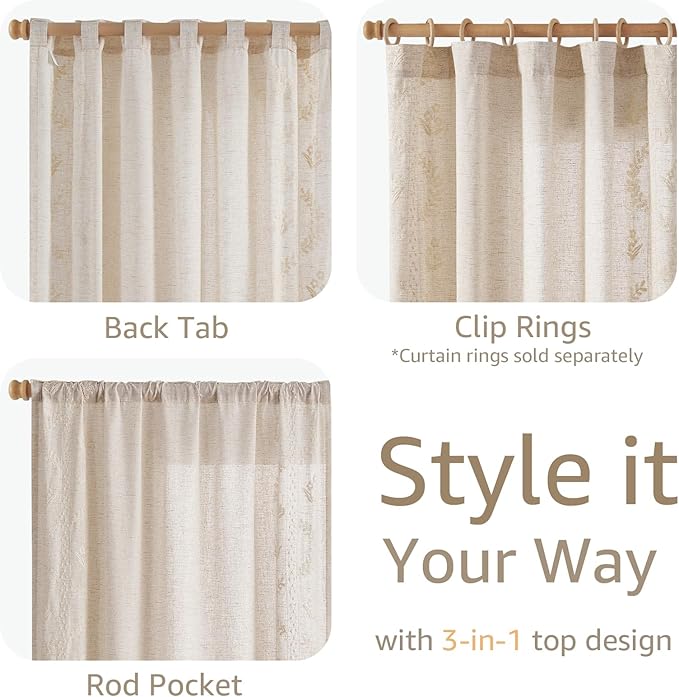 jinchan Belrose Linen Curtains for Bedroom Floral Curtains 63 Inch Length Linen Blend Ivory Embroidered Drapes Farmhouse Flower Patterned Drapes for Living Room Window Treatments Sets 4 Panels