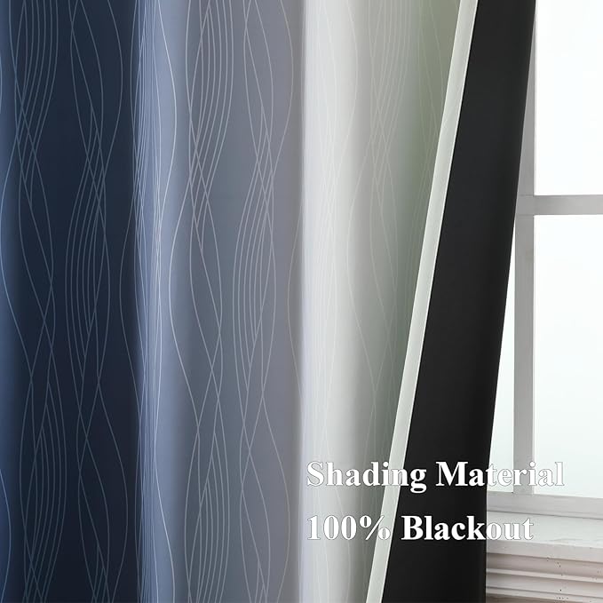 Estelar Textiler Navy Blue and Sage Green Ombre Blackout Curtains 72 Inch Length 2 Panels, Full Room Darkening Grommet Curtains for Bedroom, Thermal Insulated Light Blocking Gradient Drapes,52Wx72L