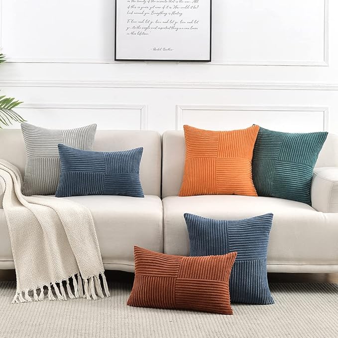 Fancy Homi 2 Packs Grey Lumbar Decorative Throw Pillow Covers 20x28 Inch for Living Room Couch Bed Sofa, Rustic Farmhouse Boho Home Decor, Soft Striped Corduroy Rectangle Accent Cushion Case 50x70 cm