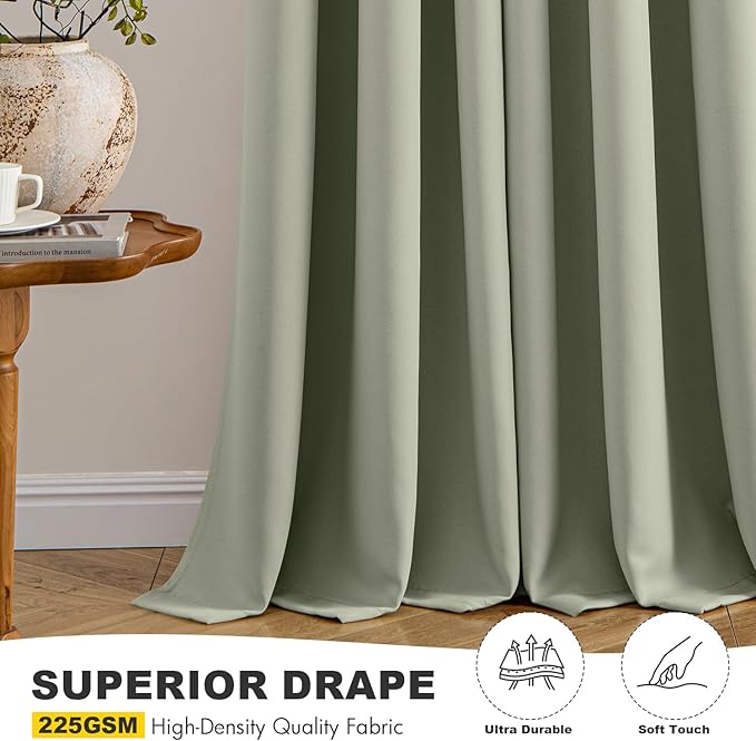 MIULEE Sage Green Blackout Curtains for Bedroom Living Room 63 Inches Long 2 Panels, Thermal Insulated Room Darkening Drapes Solid Grommet Noise Reduction Light Blocking Window Treatments 34x63 Inch