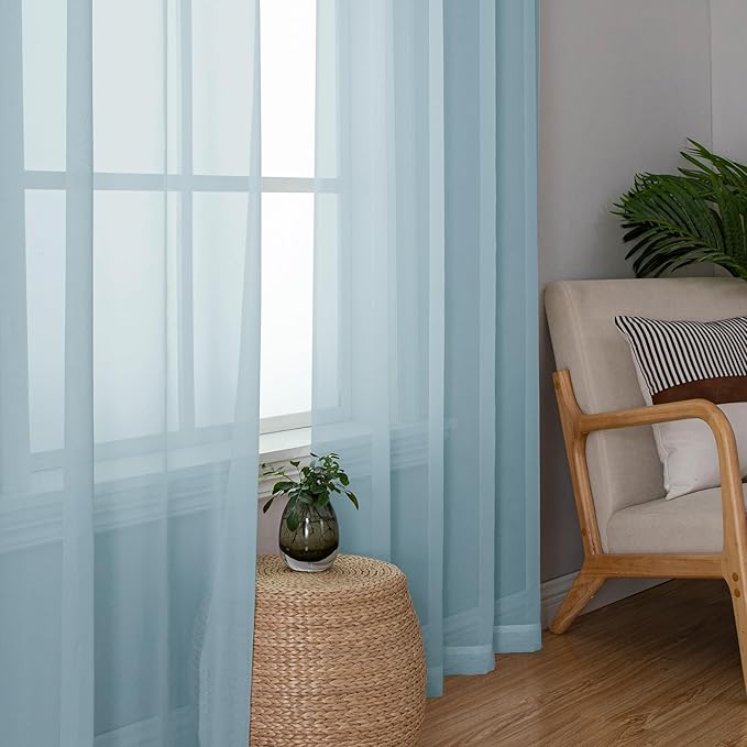 OWENIE Sky Blue Sheer Curtains 90 Inches Long for Bedroom Living Room 2 Panels Set, Light Filtering Voile Light Blue Sheer Curtain, Airy Rod Pocket Farmhouse Curtains, 42Wx90L, Sky Blue