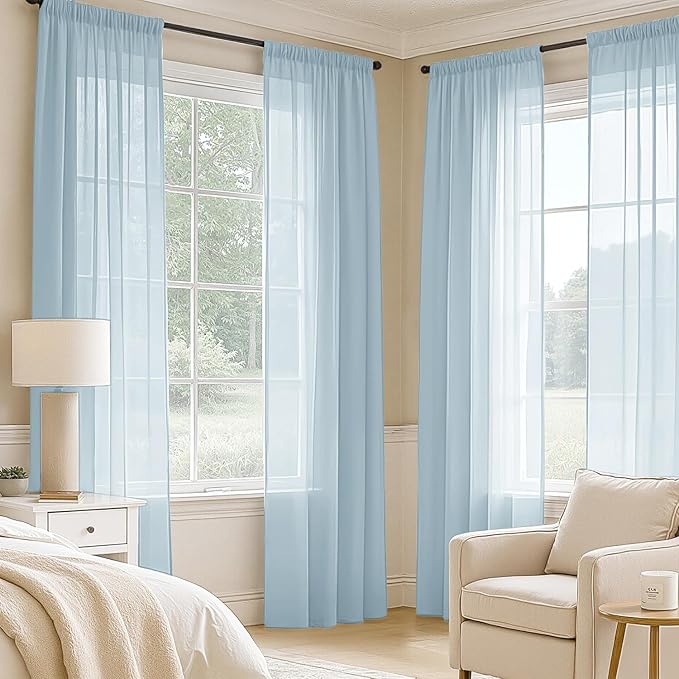 MIULEE Sky Blue Sheer Curtains 96 Inches Long, 4 Panels Set, Light Filtering Rod Pocket Voile Drapes for Living Room and Bedroom, Airy Soft Fabric Window Treatments, 42 x 96 Inches