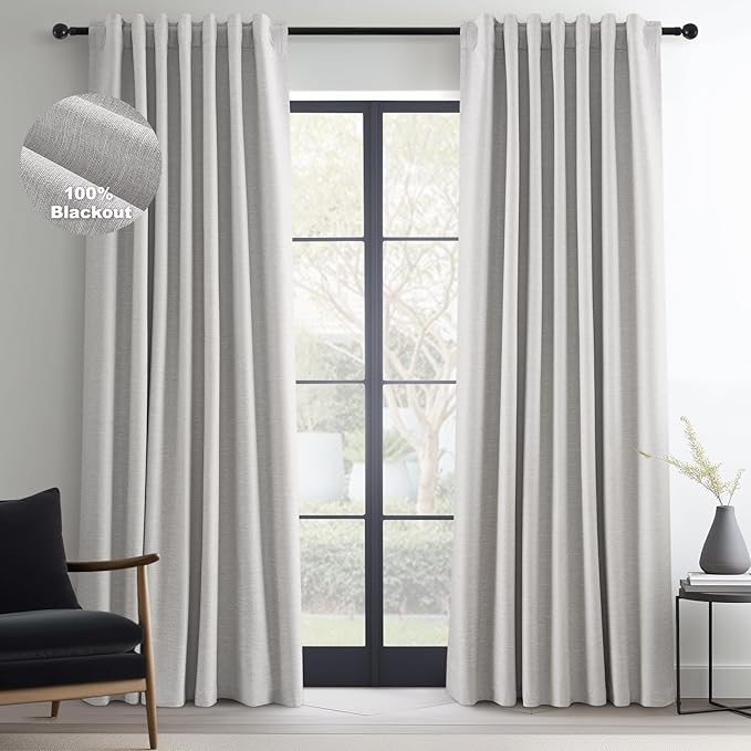 Topfinel 92 Inch Long Black Out Custom Drapery 2 Panels Neutral Blackout Curtains, Grey Beige Sun Blocking Tab Top Curtains Room Divider, Internet Famous Textured Linen Curtains 52" X 92", Bay Window
