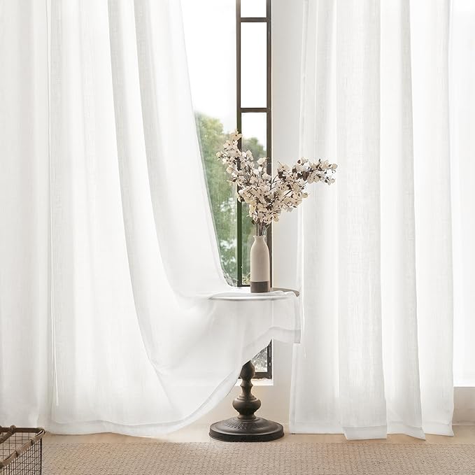 White Linen Curtains 72 inch Long 2 Panel Set for Living Room Back Tab Semi Sheer Light Filtering Bedroom Window Curtain 72 inch Length Cotton Textured Modern Elegant Coastal Drapes 42x72