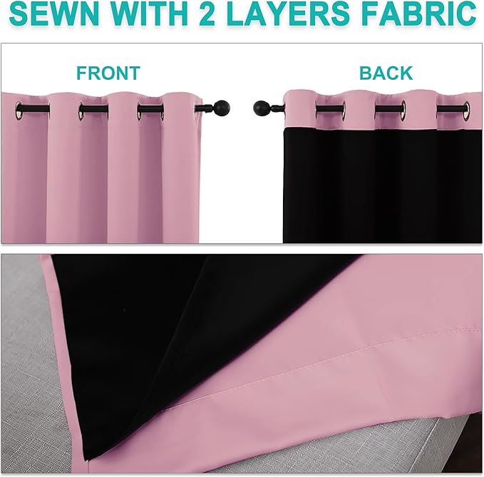 NICETOWN 100% Blackout Blinds, Set of 2, 46 inches x 96 inches, Laundry Room Decor Window Treatment Curtains for Large Patio Sliding Door, Thermal Insulated Crystal Pink Curtains for Bedroom