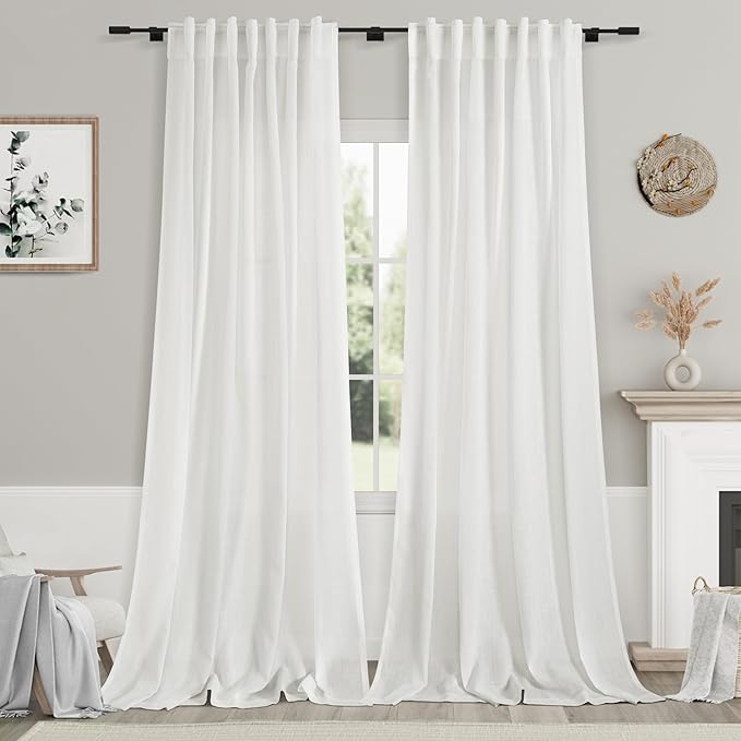 Off White Curtains 95 Inches Long 2 Panels Back Tab Sheer Linen Curtain Modern Farmhouse Coastal Decor White Cotton Textured Gauze Curtains 95 inch Length for Patio Sliding Door Office Bedroom