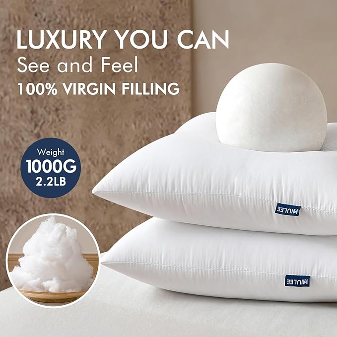 MIULEE Throw Pillows Inserts, Pack of 2 28x28 Inch 100% Virgin Fiber Filling Bed Couch Pillows