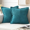 MIULEE Decorative Throw Pillow Covers for Couch Bed Livingroom 16x16 Inch Set of 2 Teal Blue Boho Accent Throw Pllows Broadside Striped Patchwork Soft Corduroy Summer Coastal Pillowcases