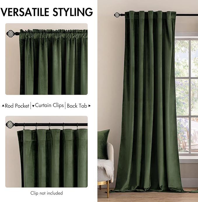 MIULEE Velvet Curtains 96 inches 2 Panels - Luxury Blackout Curtains for Bedroom Living Room Thermal Insulated Super Soft Window Drapes Rod Pocket & Back Tab, Olive Green, W52 x L96 inches