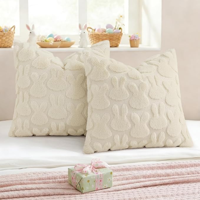 decorUhome Easter Bunny Pillow Covers 16x16 Inch Set of 2, Soft Plush Faux Wool Jacquard Beige Rabbit Cushion Covers, Farmhouse Neutral Spring Easter Holiday Decor for Couch Sofa Bed