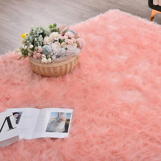 ORINOVA Pink Washable Fluffy Circle Rugs for Bedroom Small Faux Sheepskin Shag Fur Round Rugs 4ft Nursery Rug Cute Room