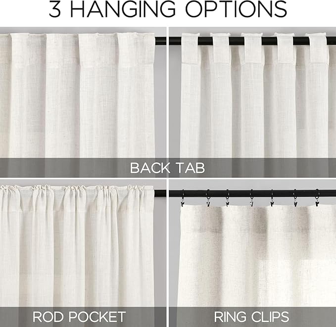Nanspring Beige White Linen Curtains 84 Inches Long for Living Room Privacy Semi Sheer Curtains Back Tab and Rod Pocket Cotton Textured Coastal Decor Curtain for Bedroom Dinner Room 70x84, 2 Panels