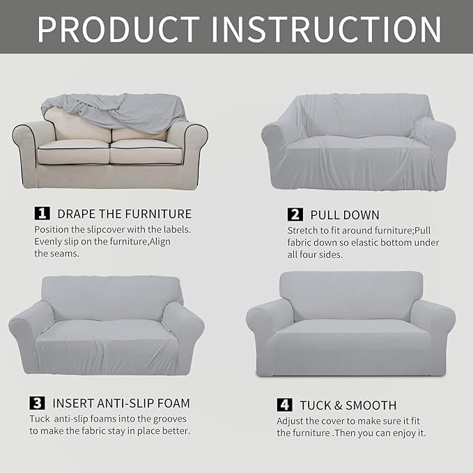 Easy-Going Stretch Oversized Loveseat Slipcover 1-Piece Sofa Cover Furniture Protector Couch Soft with Elastic Bottom for Kids Polyester Spandex Jacquard Fabric Small Checks Silver Gray