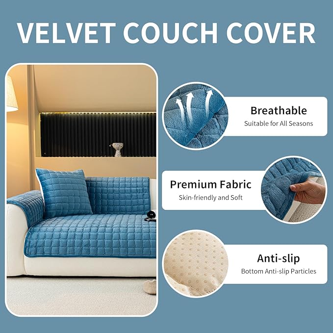 Velvet Couch Cover, Plush Sectional Sofa Cover Washable, Anti Slip Sofa Slipcover for 2-3 Cushion Sofas, Furniture Protector Covers for Pets & Kids(1PC, Black, 35.4"×63", Loveseat)