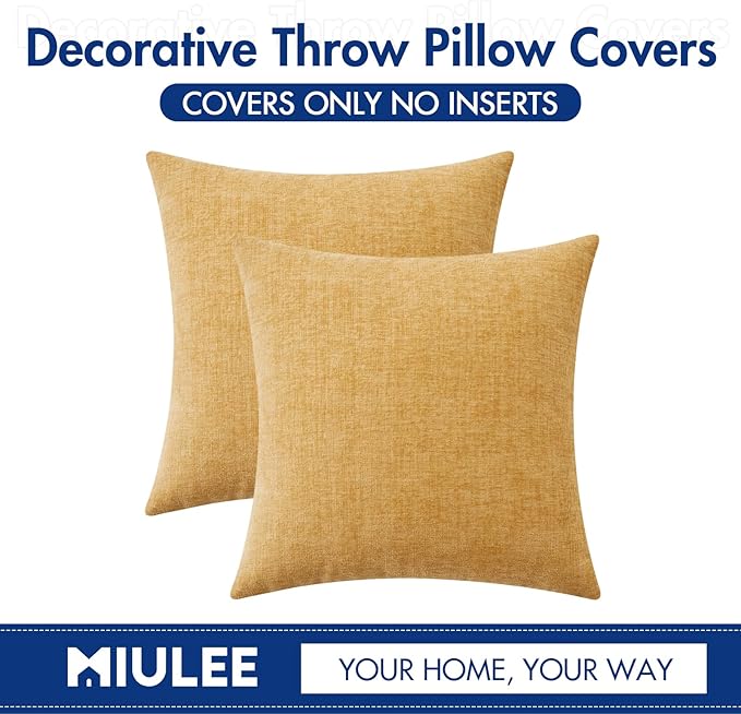 MIULEE Pack of 2 Couch Throw Pillow Covers 20x20 Inch Soft Gold Chenille Pillow Covers for Sofa Living Room Spring Home Decor Couch Solid Dyed Cases