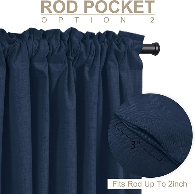 100% Blackout Shield Linen Blackout Curtains for Bedroom 96 Inches Long, Back Tab/Rod Pocket Living Room Drapes, Thermal Insulated Blackout Curtains 2 Panels Set, 50" W x 96" L, Midnight Blue
