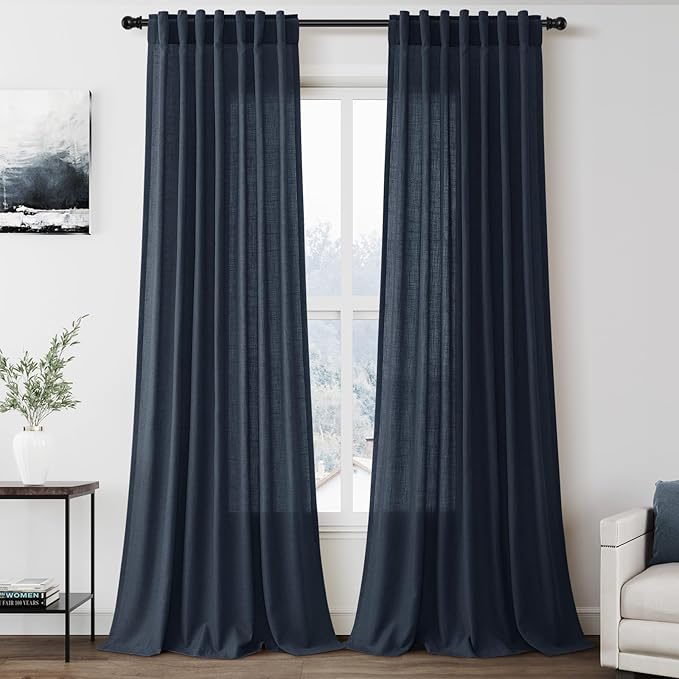 Nanspring Vintage Blue Linen Curtains 96 Inches Long 2 Panels Set for Living Room Bedroom Back Tab Rod Pocket Semi Sheer Light Filtering Drape for Bedroom Vintage Country Decor Protect Privacy 52x96