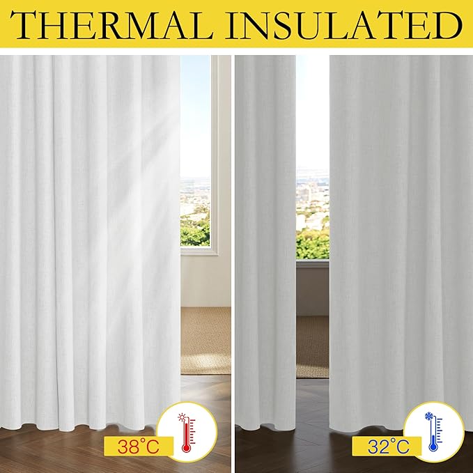 NICETOWN 100% Absolutely Blackout Linen Curtains with Thermal Insulated Liner, Greyish White, 62" Wide, 63" Length Energy Saving Curtains for Kitchen 2 Panels Set, Vertical Blinds