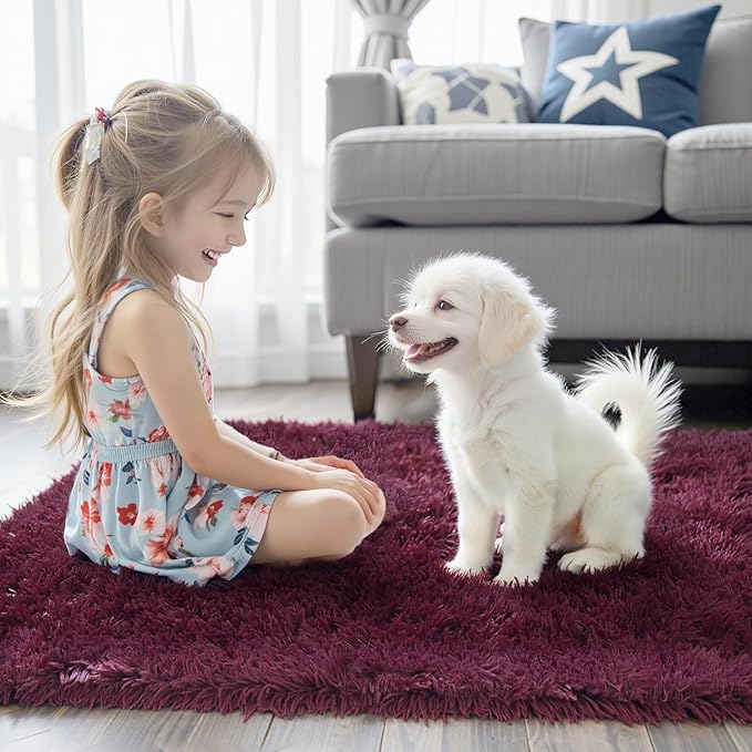 Rugs for Living Room 6x9, Alfombras para Salas Shag Large Plush Soft Area Rug, Shaggy Carpets for Bedroom, Kids Boys Girls Home Decor Aesthetic(Burgundy, 6 x 9)