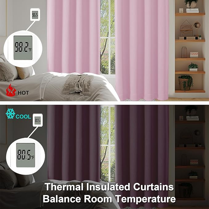 Simplebrand Ava Pink Blackout Curtains for Bedroom 63 Inch Length 2 Panels Set, Solid Thermal Insulated Energy Saving Rod Pocket Window Treatment Curtains Blackout Drapes, W40 x L63 Inch, Pink