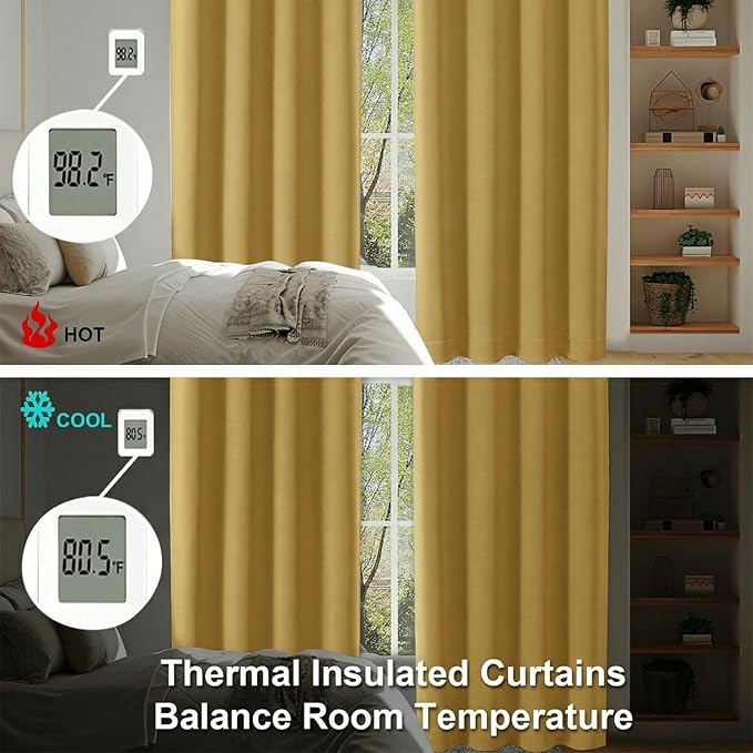 Simplebrand Ava Bright Gold Blackout Curtains for Bedroom 90 Inches Long 2 Panels Set, Solid Privacy Energy Saving Living Room Window Treatment Curtains Blackout Drapes, W50 x L90 Inch, Bright Gold