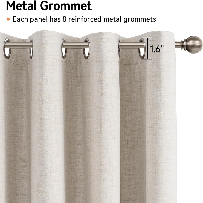 100% Blackout Shield Linen Blackout Curtains for Bedroom, Beige Grommet Curtains for Living Room, Thermal Insulated Room Darkening Drapes for Nursery, Boho Home Decor, 50" W x 96" L, 2 Panels