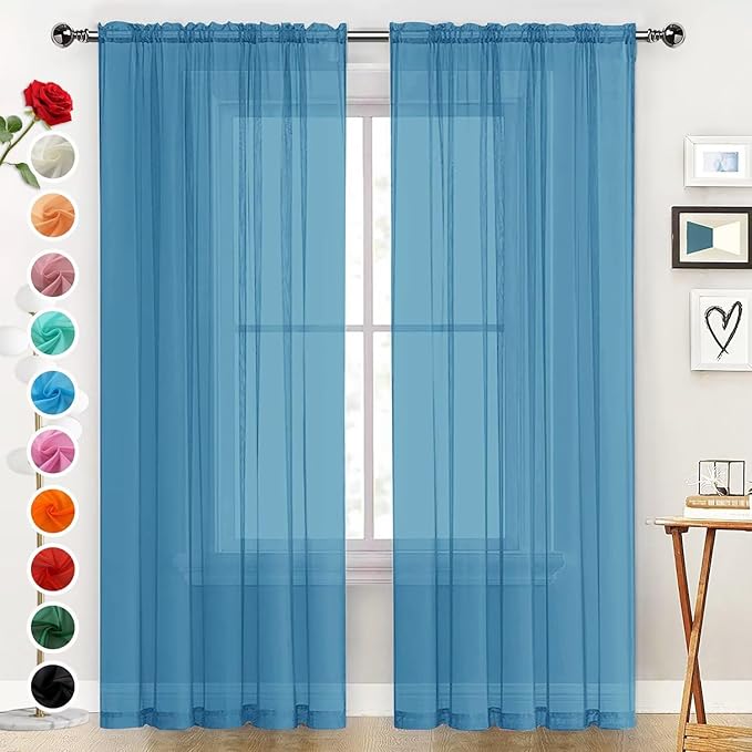 SpaceDresser Basic Rod Pocket Sheer Voile Window Curtain Panels Blue 1 Pair 2 Panels 52 Width 90 Inch Long for Kitchen Bedroom Children Living Room Yard（Blue, 52W x 90L）