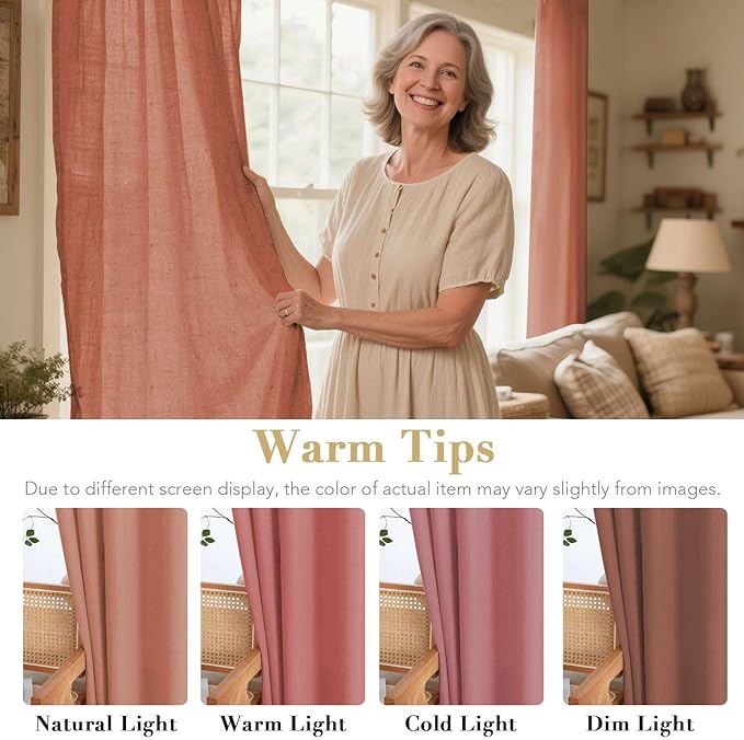 H.VERSAILTEX Linen Curtains Home Decorative Nickel Grommet Curtains Privacy Added Energy Saving Light Filtering Window Treatments Semi Sheer Draperies for Bedroom, Terracotta, 2 Panels, 52 x 84 - Inch