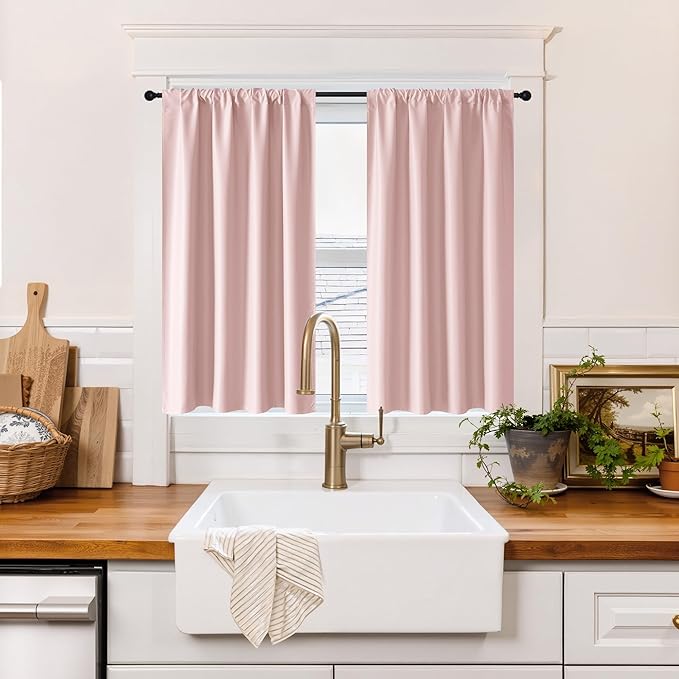 RYB HOME 100% Blackout Short Curtains for Small Window, Thermal Insulated Total Room Darkening Noise Reducing Curtains for Basement Bathroom Basement, 29 inches Wide by 45 inches Long, Baby Pink