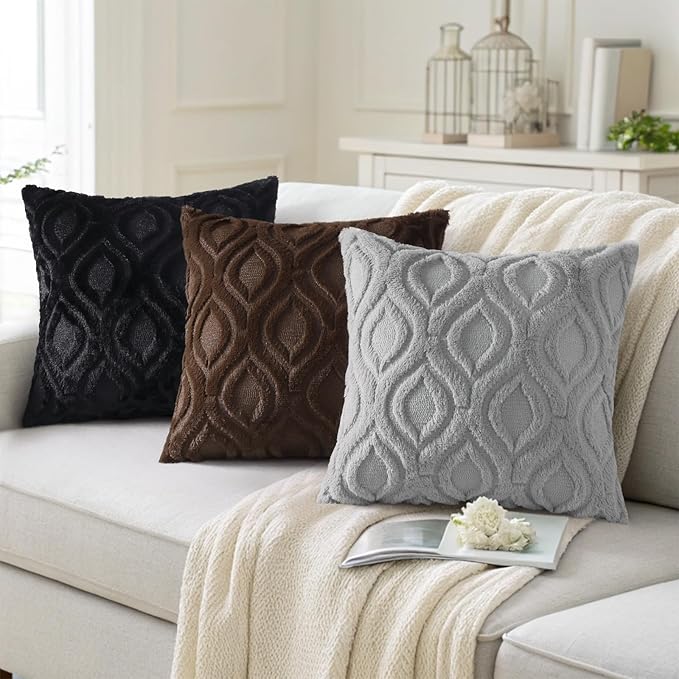 decorUhome Throw Pillow Covers 26x26 Inch Set of 2, Soft Plush Faux Wool Grey Solid Couch Pillow Covers, Accent Euro Sham Farmhouse Neutral Square Pillow Cases for Sofa Bed Living Room