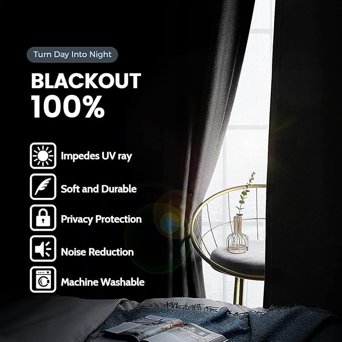 SimpleHome 100% Blackout Curtains for Bedroom,Thermal Insulated Grommet Window Drapes Room Darkening Black Curtains for Living Room with Black Back,52 x 84 Inch,2 Panels