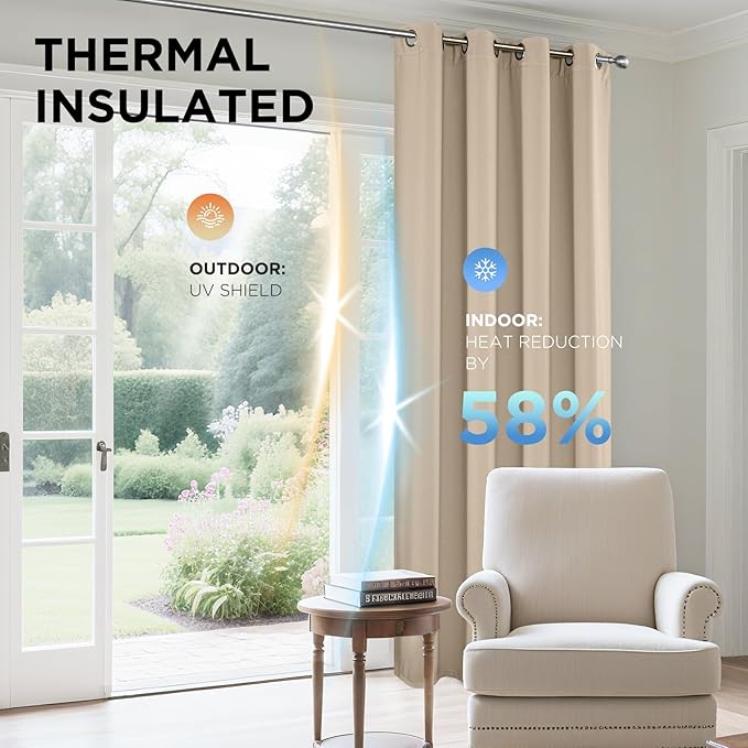 Joydeco Beige Curtains 95 Inches Long 2 Panels Set, Thermal Insulated Long Curtains& Drapes 2 Burg, Room Darkening Grommet Drapes for Living Room Bedroom Window (W52 x L95 Inch, Light Beige)