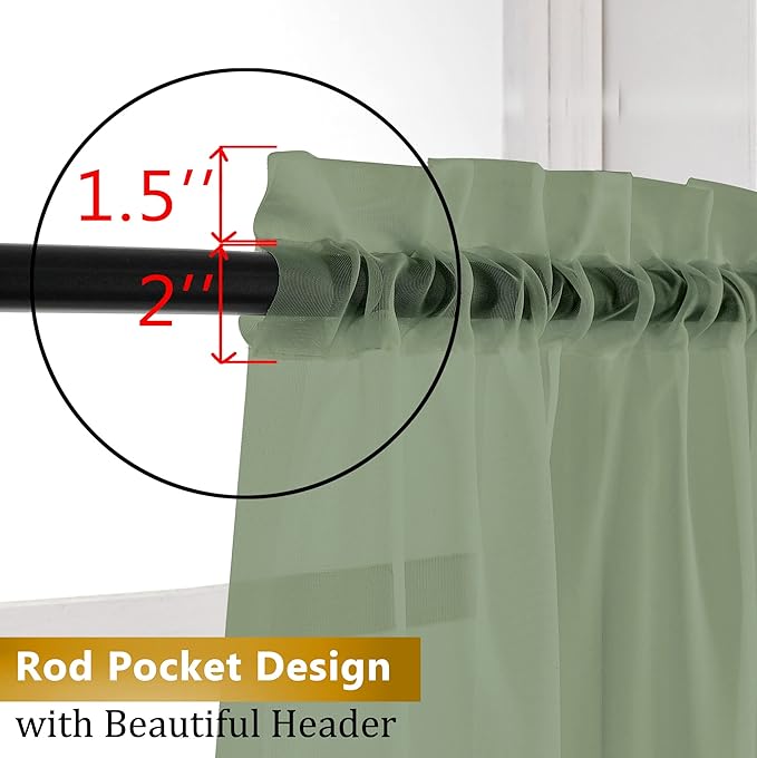 Aiyufeng Sage Green Sheer Voile Window Treatment Rod Pocket Curtain Panels for Kitchen Bedroom Living Room Drapes Sunlight Filtering Privacy Semi Home Decor Assorted Colors Sizes (40 W x 72 L)