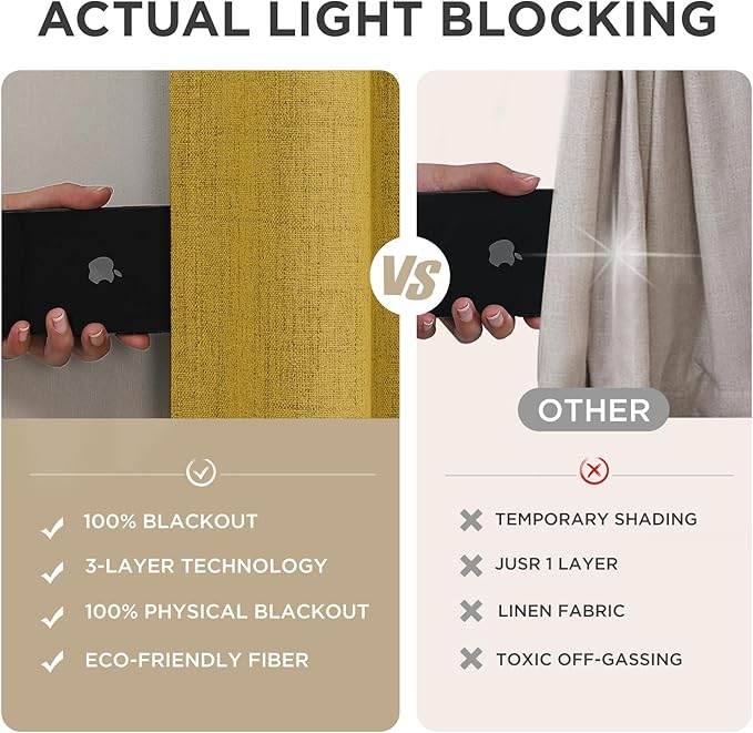 Joydeco Linen Blackout Curtains for Bedroom - 100% Light Blocking 1 Panels, Yellow Drapes 70" W x 90" L, Thermal Insulated Room Darkening Curtains for Living Room, Rod Pocket & Back Tabs