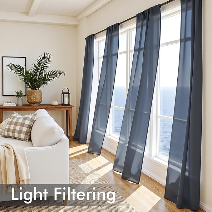 MIULEE Navy Blue Sheer Curtains 72 Inches Long, 4 Panels Set, Light Filtering Rod Pocket Voile Drapes Window Treatments, Semi Transparent Airy Fabric for Bedroom and Living Room, 42 x 72 Inches