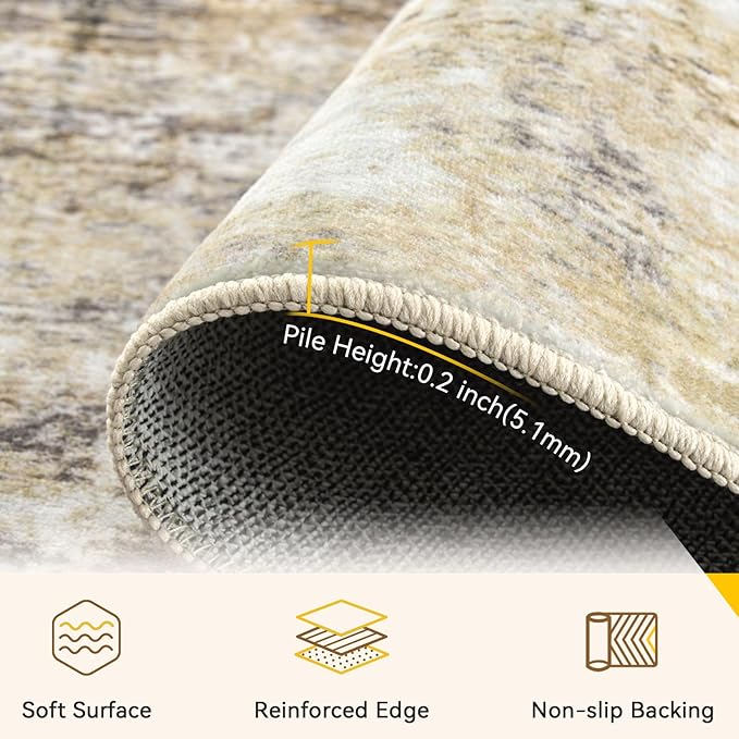 Washable Area Rugs 2'x10' Non-Slip Modern Abstract Soft for Living Room Entryway Bedroom Nursery, Print Pattern, Neutral Brown Gray