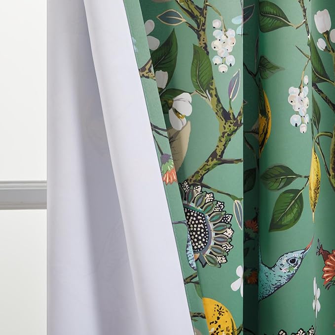 Topfinel 94 Inches Long Custom Curtains, Unique Cottagecore Whimsical Vintage Pretty Fun Floral Hummingbird Patterned Double Sided Grommet Green Print Drapes Two Pages for Bedroom Living Room Dining