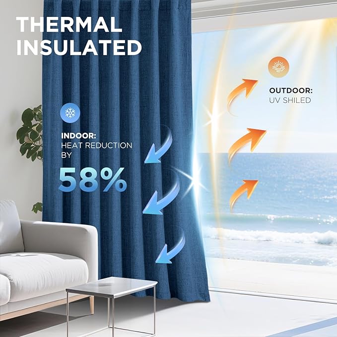 Joydeco Linen Blackout Curtains for Bedroom - 100% Light Blocking 1 Panels, Navy Blue Drapes 70" W x 108" L, Thermal Insulated Room Darkening Curtains for Living Room, Rod Pocket & Back Tabs
