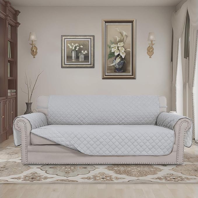 Easy-Going Reversible Couch Cover for 3 Cushion Couch Sofa Cover for Dogs Water Resistant Furniture Protector Cover with Foam Sticks Elastic Straps for Pet Cat (Sofa, Light Gray/Light Gray)