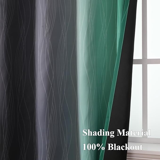 Estelar Textiler Black and Green Blackout Ombre Curtains for Bedroom 63 Inches Long, Gradient Light Blocking Thermal Insulated Grommet Drapes for Living Room,52Wx63L,2 Panels