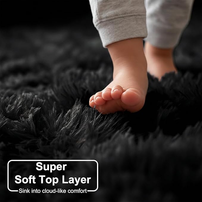 Black Round Rugs 5Ft for Bedroom Aesthetic, Fluffy Plush Circle Area Rugs for Living Room, Fuzzy Modern Cool Throw Carpet for Baby Kids Teen Boys Mens, Office Playroom Nursery Apartment Home Decor