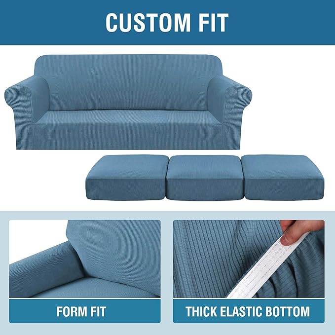 H.VERSAILTEX 4 Piece Stretch Sofa Covers for 3 Cushion Couch Covers for Living Room Furniture Slipcovers (Base Cover Plus 3 Seat Cushion Covers) Thicker Jacquard Fabric (Large Sofa, Dusty Blue)