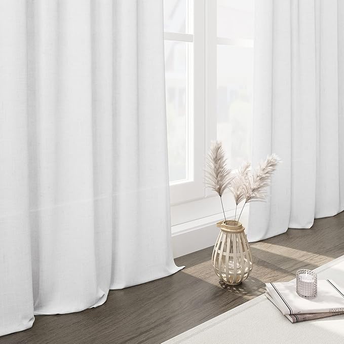 Nanspring Linen Light Filtering Curtains 96 Inches Long 2 Panels Long White Semi Sheer Linen Blended Window Curtains Back Tab Rod Pocket White Rustic Farmhouse Drapes for Living Room Bedroom 60x96